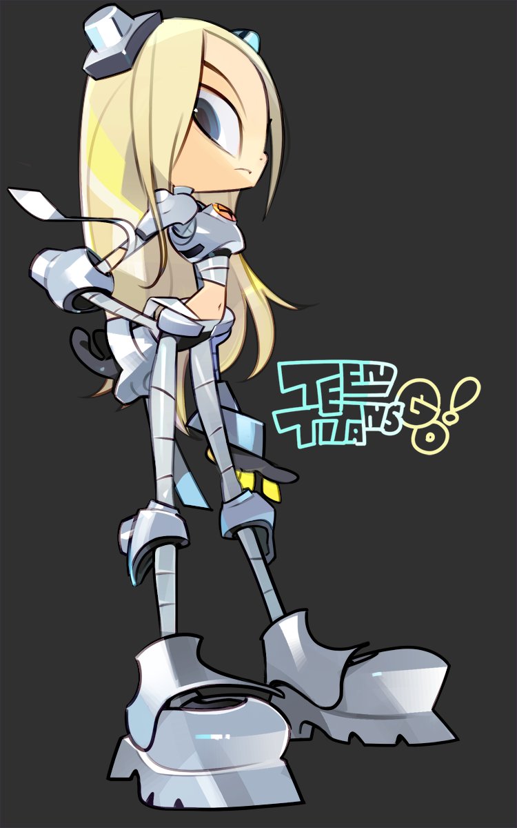 1girl amiami blonde_hair blue_eyes closed_mouth copyright_name dc_comics full_body gloves highres long_hair looking_at_viewer midriff simple_background solo teen_titans teen_titans_go! terra_(dc)