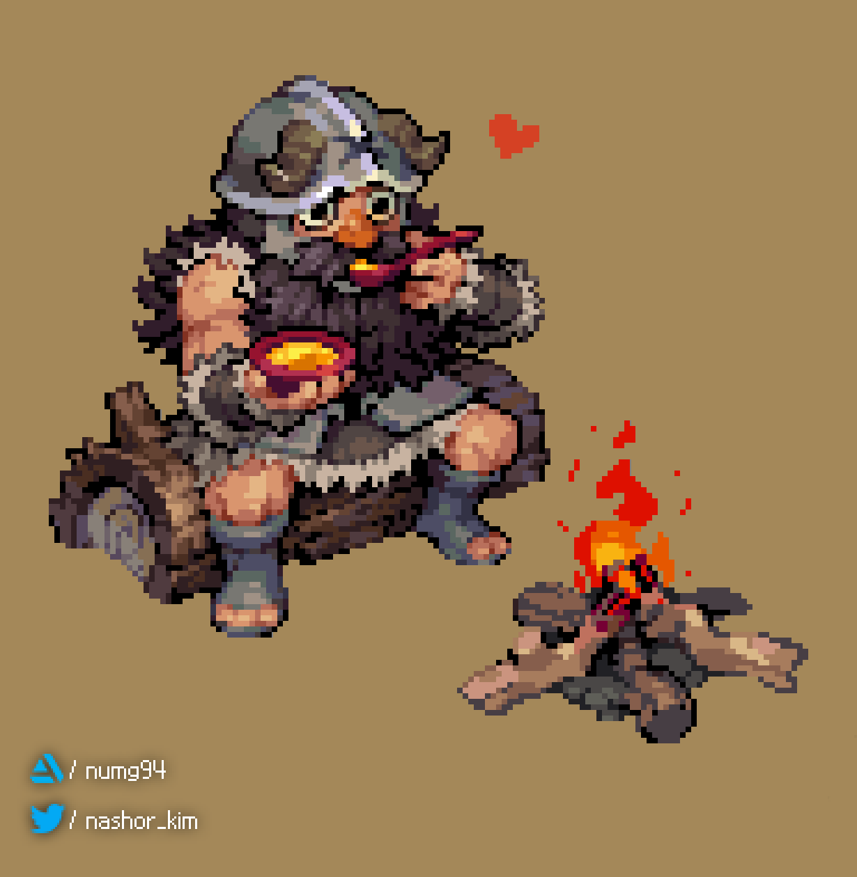 1boy bara bare_arms beard black_hair bowl campfire dungeon_meshi dwarf eating facial_hair fake_horns full_body heart helmet highres holding holding_bowl horned_helmet horns log long_beard long_hair male_focus mature_male muscular muscular_male nashor_kim pectorals pixel_art senshi_(dungeon_meshi) sitting solo spread_legs thick_eyebrows thick_mustache very_long_beard