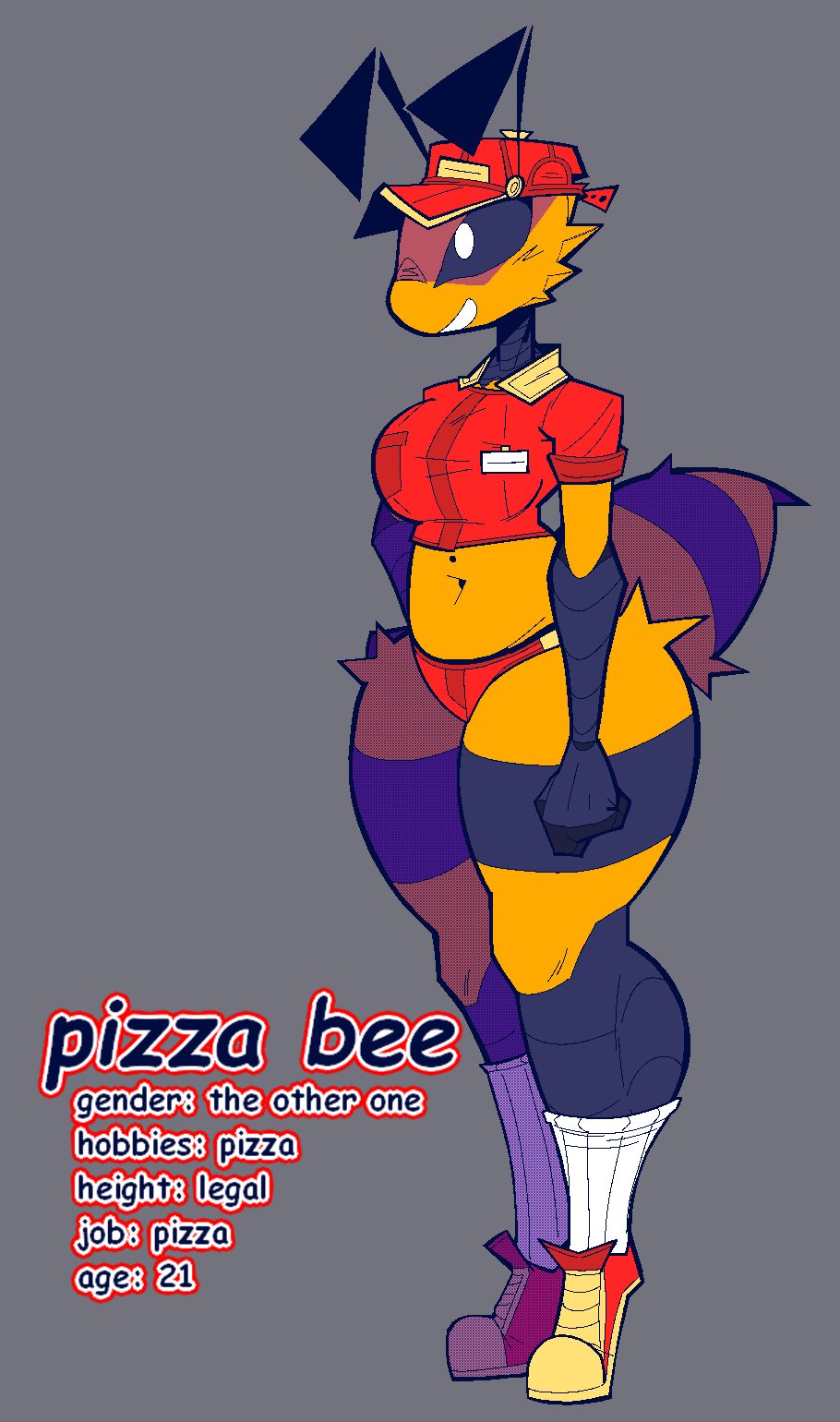 2023 antennae_(anatomy) anthro arthropod bee big_breasts big_eyes bottomwear breasts clothed clothing crop_top curvy_figure delivery_(commerce) delivery_employee digitigrade english_text female footwear fur grey_background hat headgear headwear hi_res hotpants huge_thighs hymenopteran insect knee_highs knee_socks legwear navel non-mammal_breasts pizza_bee_(xexeezy) shirt shoes shorts simple_background smile socks solo standing text thick_thighs topwear tuft wide_hips xexeezy