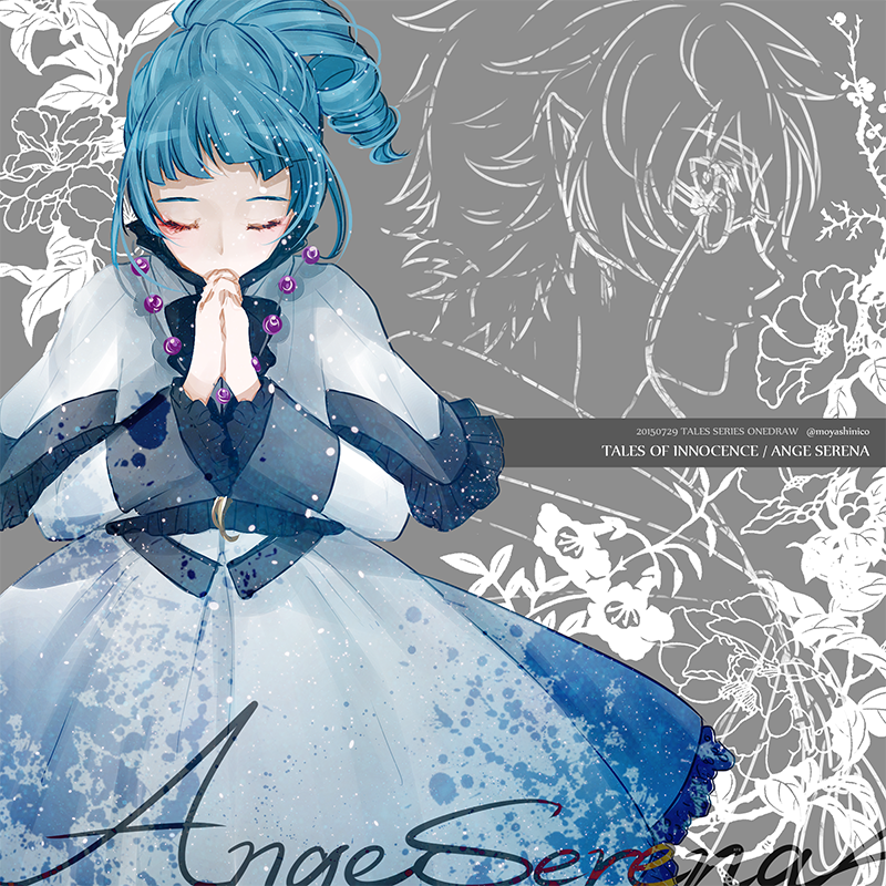 1girl ange_serena bead_necklace beads blue_hair closed_eyes curly_hair dress drill_hair floral_background flower high_ponytail jewelry monicanc necklace own_hands_together ponytail praying sign solo tales_of_(series) tales_of_innocence twitter_username