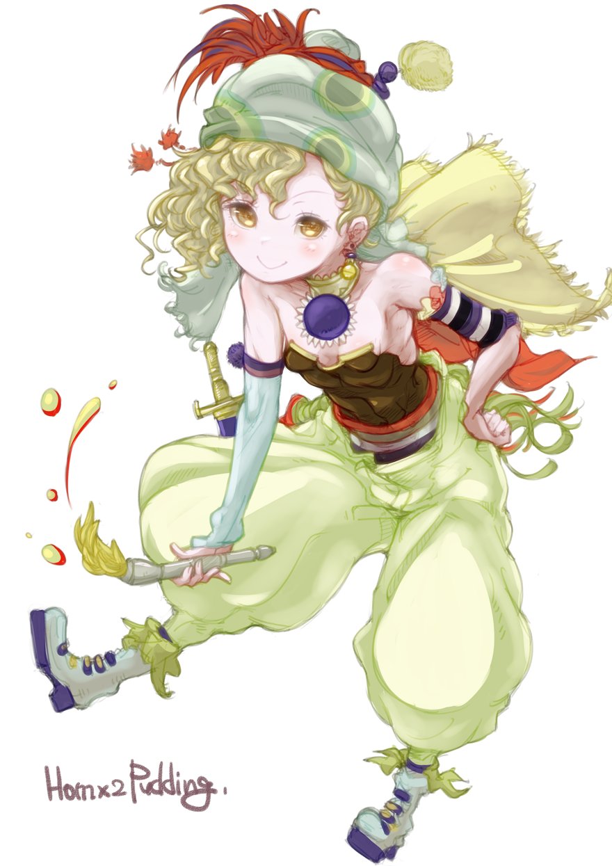 1girl art_brush bare_shoulders blonde_hair breasts choker closed_mouth earrings final_fantasy final_fantasy_vi full_body hat highres jewelry knife long_hair looking_at_viewer paintbrush puddinghomhom relm_arrowny simple_background small_breasts smile solo strapless white_background yellow_eyes