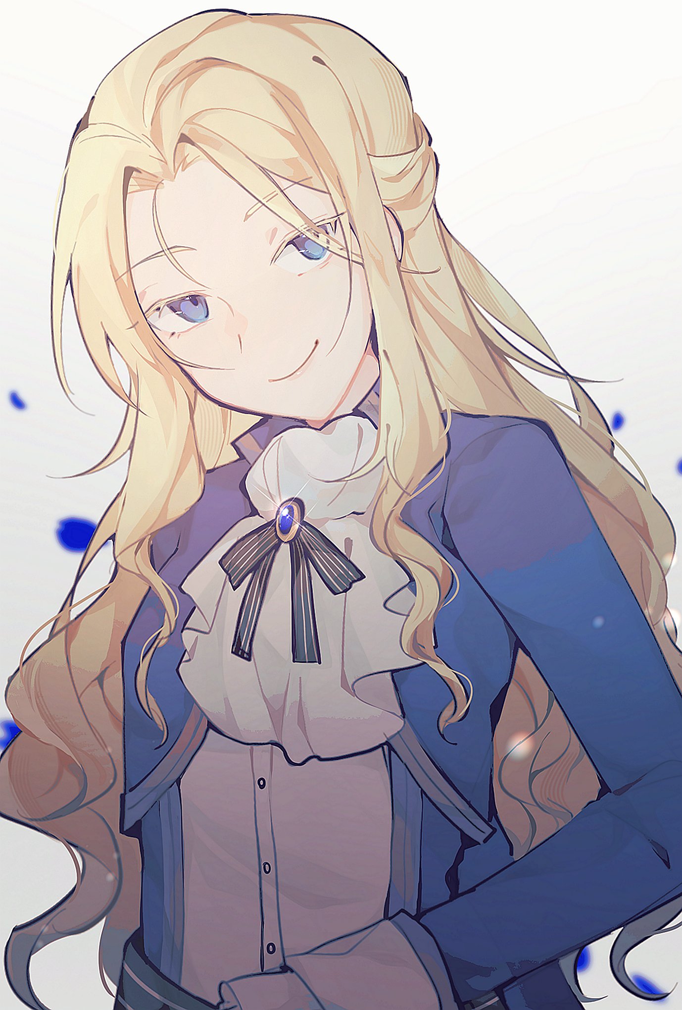 1boy androgynous ascot backlighting blonde_hair blue_eyes blue_jacket blue_petals brooch colored_eyelashes crossdressing evillious_nendaiki falling_petals highres jacket jewelry kaito_(vocaloid) karchess_crim petals smile snowdrops venomania_kou_no_kyouki_(vocaloid) vocaloid wavy_hair wig