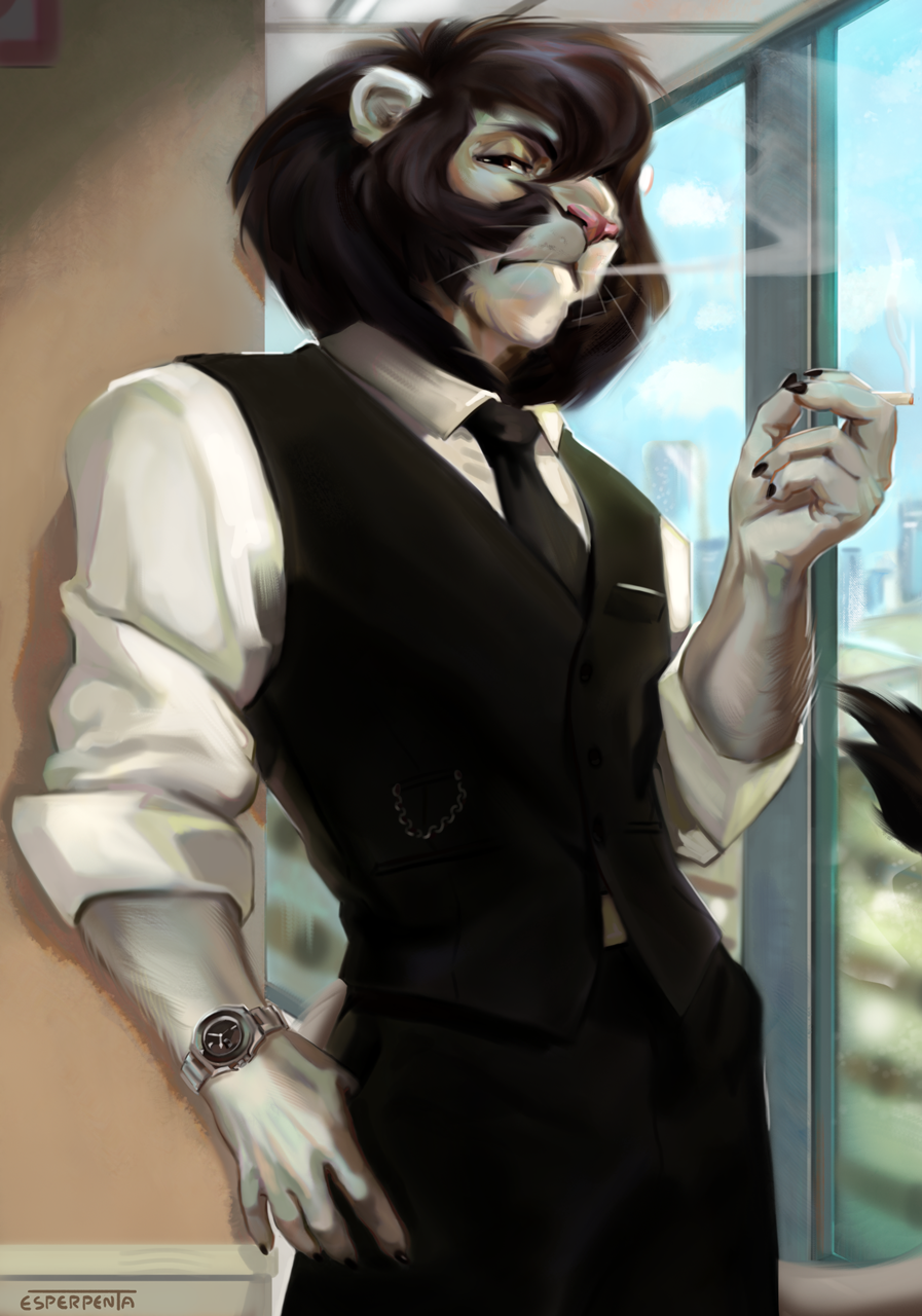 anthro belt biped black_body black_clothing black_fur black_suit black_tie_(suit) bottomwear brown_eyes building cigarette cigarette_smoke claws clock clothed clothing day detailed_background esperpenta facial_hair felid female finger_claws fingers fur hair half-closed_eyes hi_res humanoid_hands inner_ear_fluff inside lion looking_at_viewer mammal mane mouth_closed multicolored_body multicolored_hair muscular muscular_anthro muscular_female mustache narrowed_eyes necktie pantherine pants pink_nose seductive shirt sky skyscraper smile smoke smoking solo standing suit tail teeth topwear tuft vest watch whiskers white_body white_clothing white_fur window