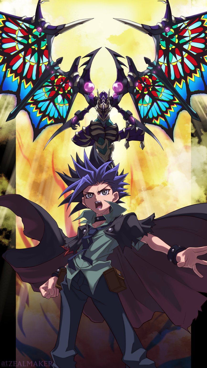 1boy black_cloak black_hair choker cloak cloud cloudy_sky collared_shirt dark_requiem_xyz_dragon duel_monster dyed_bangs feet_out_of_frame flying highres jacket light_rays loose_necktie male_focus multicolored_hair necktie orange_sky orb purple_hair serious shirt shouting sky spiked_hair spread_wings stained_glass standing torn_cloak torn_clothes two-tone_hair yu-gi-oh! yu-gi-oh!_arc-v yuuto_(yu-gi-oh!) zealmaker