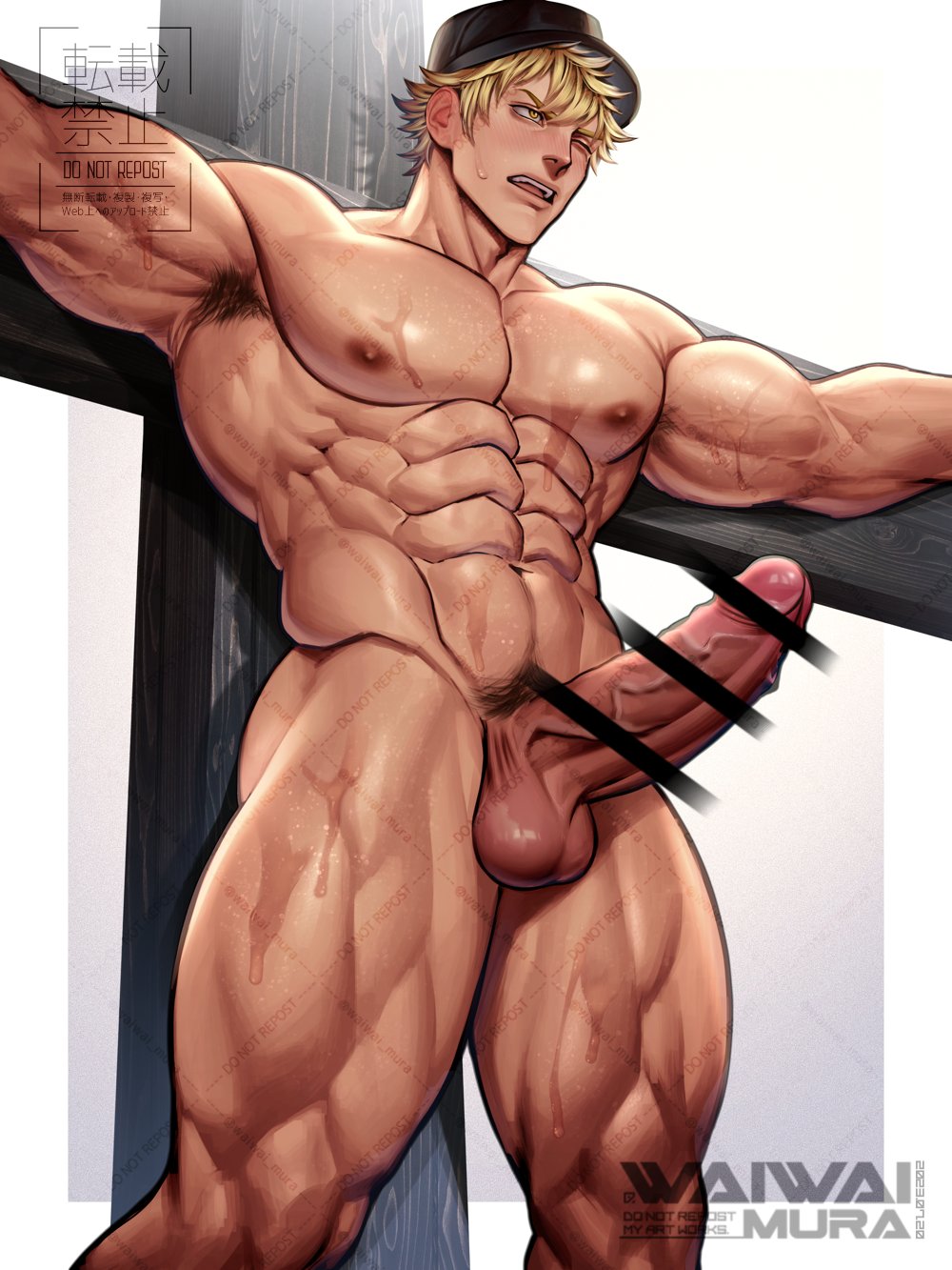 1boy abs artist_name bar_censor bara baseball_cap blonde_hair censored commission completely_nude erection hat hataraku_saibou highres killer_t_(hataraku_saibou) large_pectorals male_focus male_pubic_hair muscular muscular_male navel nipples nude one_eye_closed open_mouth pectorals penis pubic_hair short_hair solo testicles thick_thighs thighs waiwai_mura