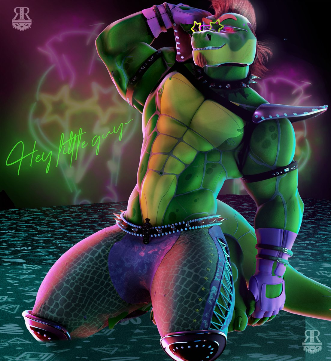 abs ambiguous_gender arts_wolf barechested beard blender_(software) clothed clothing facial_hair five_nights_at_freddy's five_nights_at_freddy's:_security_breach glamrock hi_res humanoid invalid_tag leather leather_clothing male male/male mohawk montgomery_gator_(fnaf) muscle_tone muscular pecs raised_arm scalie scottgames seductive shirtless shoulder_pads skimpy smile smiling_at_viewer smirk smirking_at_viewer solo steel_wool_studios