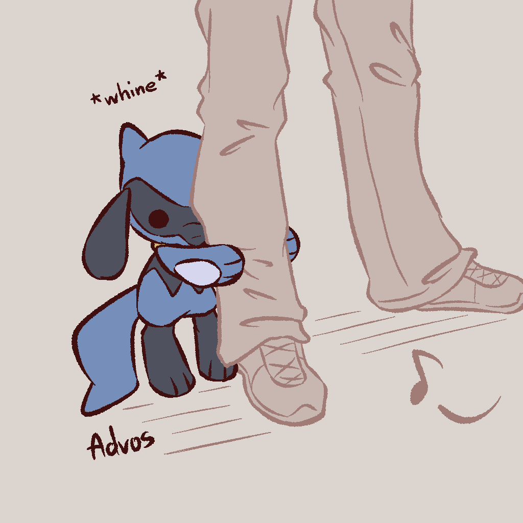 2023 advos anthro bottomwear clothed clothing dot_eyes duo english_text footwear generation_4_pokemon grey_background hiding human male mammal musical_note nintendo pants pokemon pokemon_(species) riolu shadow shoes shy simple_background size_difference standing text whining