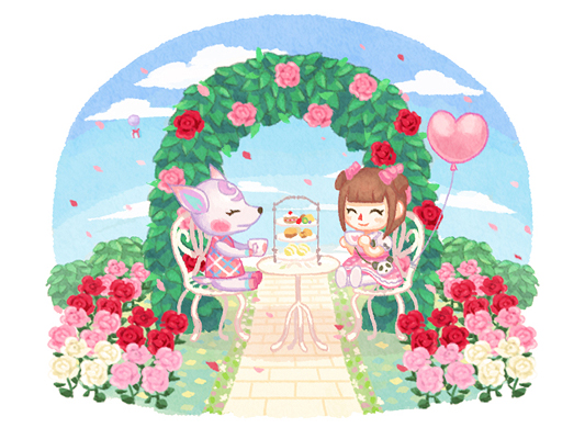 2girls ^_^ animal_bag animal_crossing arch bag balloon blue_sky blunt_bangs blush box brown_hair bush cake cake_slice chair closed_eyes closed_mouth cloud commentary_request cookie cup day deer_girl diana_(animal_crossing) double_bun dress falling_petals flower food furry furry_female gift gift_box grass hair_bun hair_ornament hands_up heart_balloon holding holding_cup moai_(aoh) multiple_girls on_chair outdoors petals pink_dress pink_flower pink_rose pink_skirt puffy_short_sleeves puffy_sleeves red_flower red_rose rose shirt shoes short_hair short_sleeves sidelocks sitting skirt sky sleeveless sleeveless_dress smile stone_walkway table teacup tiered_tray villager_(animal_crossing) white_flower white_footwear white_rose white_shirt