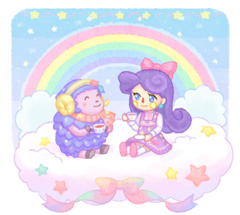 2girls ^_^ animal_crossing blue_eyes blue_sky blush bow closed_eyes closed_mouth cloud commentary_request cup curled_horns dress earrings etoile_(animal_crossing) furry furry_female hair_bow hairband hand_up hands_up holding holding_cup horns jewelry kneehighs long_hair long_sleeves lowres moai_(aoh) multiple_girls on_cloud pinafore_dress pink_bow pink_footwear pink_scarf purple_dress purple_hair rainbow saucer scarf sheep_girl shirt shoes sitting sky sleeveless sleeveless_dress smile socks sphere_earrings star_(symbol) striped striped_scarf tea teacup villager_(animal_crossing) white_shirt white_socks yellow_hairband yellow_horns