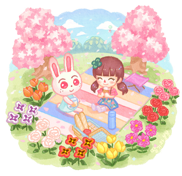 2girls ^_^ animal_crossing apple aqua_dress baguette balloon basket blanket blue_skirt blue_sky blunt_bangs blush boots bottle box bread brown_hair cherry_blossoms closed_eyes closed_mouth cloud commentary_request cup day dress eyelashes falling_petals flower food freckles fruit furry furry_female gift gift_box grass green_flower hair_flower hair_ornament holding holding_cup holding_food long_hair low_twintails moai_(aoh) multiple_girls orange_flower outdoors petals picnic picnic_basket pink_flower pink_rose pink_shirt purple_flower rabbit_girl red_eyes red_flower red_rose rose ruby_(animal_crossing) shirt short_sleeves sitting skirt sky sleeveless sleeveless_dress smile thermos tree tulip twintails villager_(animal_crossing) water_bottle white_flower white_footwear white_rose yellow_flower