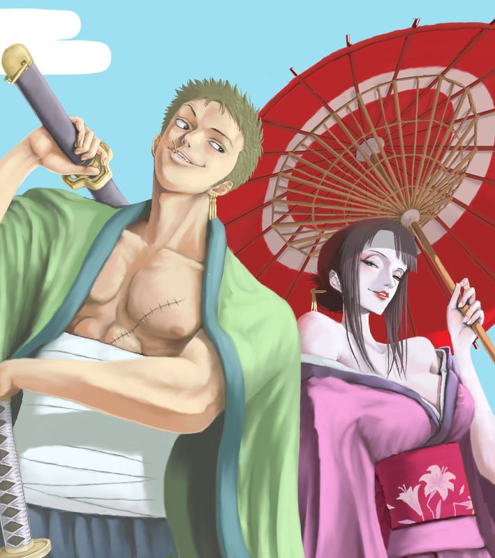 1boy 1girl alternate_costume black_eyes black_hair chest_sarashi commentary_request dual_wielding earrings eyelashes geisha green_hair hair_ornament hair_stick holding holding_umbrella japanese_clothes jewelry katana kimono lips lipstick makeup midriff_sarashi nico_robin oil-paper_umbrella one_piece red_lips roronoa_zoro sarashi scar scar_on_chest short_hair single_earring smile sword teeth toothpick umbrella weapon zugan_(berugkamp)