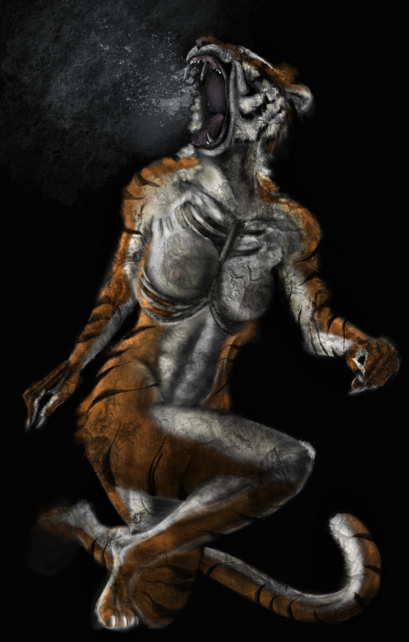 amenra angry anguish anthro breast_play breasts creepy dark_art felid feline female francisthefurry hi_res humanoid kneeling mammal pantherine pose rib_cage sad screaming surreal tiger