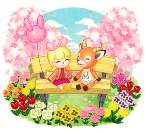 1boy 1girl :d ^_^ animal_crossing balloon beau_(animal_crossing) bench blonde_hair blue_sky blunt_bangs blush brown_horns brown_jacket brown_sweater cherry_blossoms closed_eyes cloud commentary_request day falling_petals flower furry furry_male grass hair_ribbon holding holding_balloon horns jacket long_sleeves low_twintails lowres medium_hair moai_(aoh) on_bench open_clothes open_jacket open_mouth orange_flower outdoors petals pink_flower pink_ribbon pink_rose pleated_skirt purple_flower red_flower red_skirt ribbon rose shirt shoes short_twintails sitting_on_bench skirt sky sleeveless sleeveless_shirt smile socks sweater tree tulip twintails villager_(animal_crossing) white_flower white_rose white_shirt white_socks yellow_flower yellow_footwear