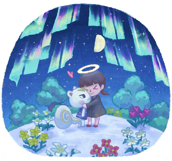 &gt;_&lt; 1boy 1girl :3 animal_crossing aurora black_dress black_hair blue_vest blunt_bangs blush bush buttons closed_eyes closed_mouth commentary_request dress flower furry furry_male half_moon halo heart hug lily_(flower) long_sleeves low_twintails marshal_(animal_crossing) medium_hair moai_(aoh) moon night night_sky outdoors red_flower short_twintails sky smile squirrel_boy star_(sky) starry_sky transparent_background tree tulip twintails vest villager_(animal_crossing) white_flower yellow_flower