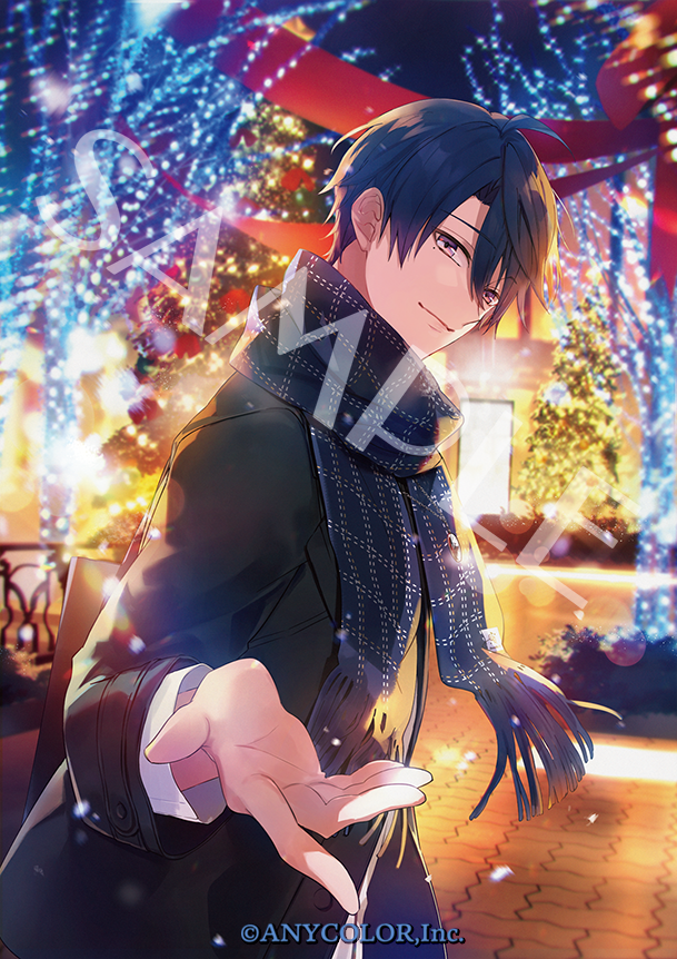 1boy beckoning black_jacket blue_hair blue_scarf christmas christmas_lights christmas_tree closed_mouth copyright_notice fringe_trim from_behind hair_between_eyes harusaki_air jacket jiku_(0128hirosi) long_sleeves looking_at_viewer looking_back male_focus mole mole_under_eye night nijisanji outdoors pavement plaid plaid_scarf purple_eyes sample_watermark scarf shirt short_hair smile solo virtual_youtuber watermark white_shirt