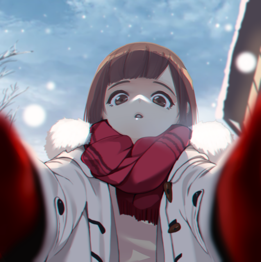 1girl brown_eyes brown_hair fur-trimmed_jacket fur_trim gloves jacket looking_at_viewer meme open_clothes open_jacket open_mouth original pov pov_cheek_warming_(meme) reaching reaching_towards_viewer red_gloves red_scarf scarf snow snowing tama_gotoh twitter yoruny