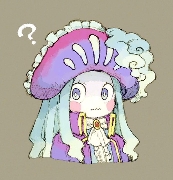 1girl ? ascot blue_eyes blue_hair brown_background center_frills coat colored_skin frilled_hat frills hat high_collar maniani original personification pirate pirate_hat portuguese_man_o'_war purple_coat red_brooch solo upper_body wavy_mouth white_ascot white_skin yellow_trim