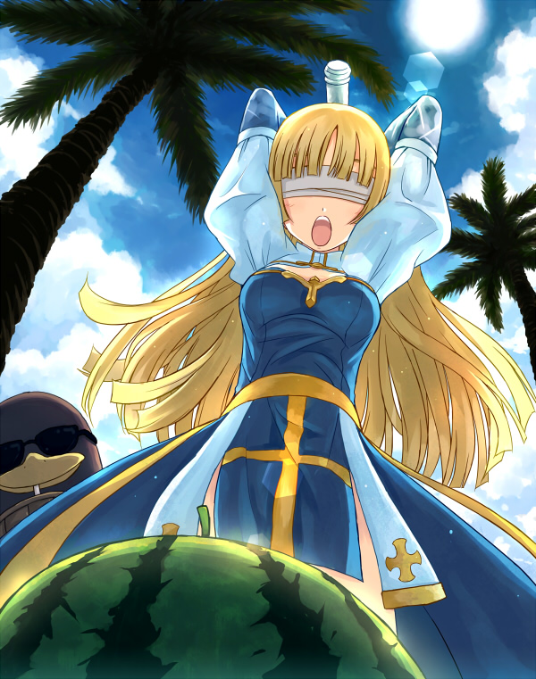 1girl arch_bishop_(ragnarok_online) blindfold blonde_hair blue_dress blue_sky blunt_bangs breasts cleavage_cutout clothing_cutout cloud commentary_request cowboy_shot cross dated_commentary dress food from_below fruit galapago_(ragnarok_online) galapagos_penguin juliet_sleeves lens_flare long_hair long_sleeves medium_bangs medium_breasts open_mouth palm_tree pelvic_curtain puffy_sleeves ragnarok_online sash sky solo suikawari sun sunglasses tree two-tone_dress watermelon white_blindfold white_dress yakka yellow_sash