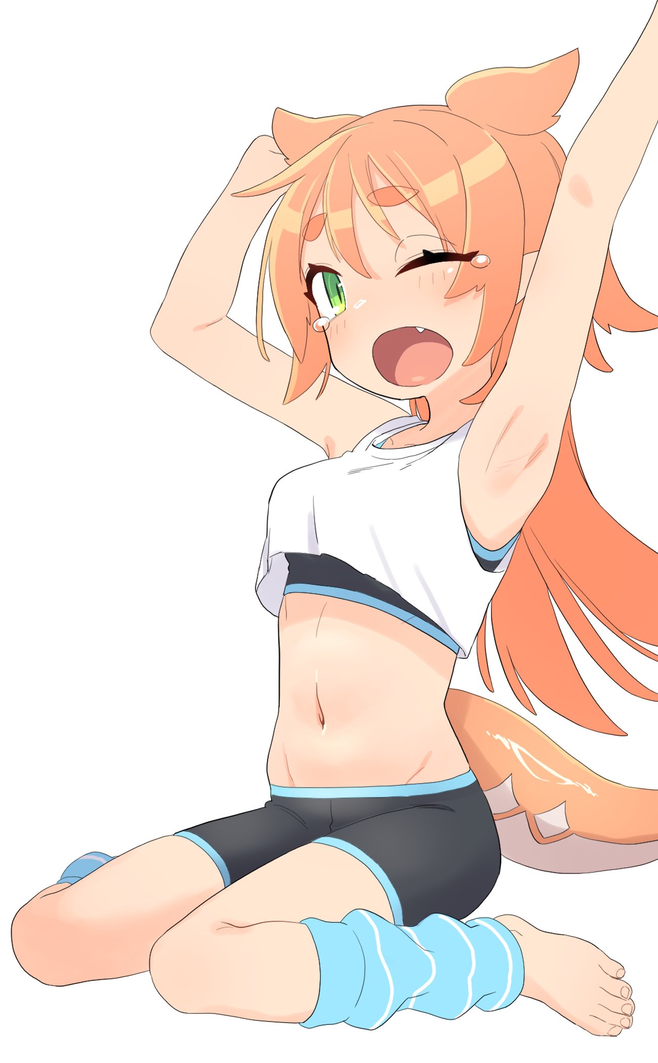 1girl armpits arms_up bare_shoulders barefoot bike_shorts black_shorts blue_leg_warmers breasts commentary_request crop_top fang from_side full_body green_eyes highres leg_warmers linea-chan_(owasaki) looking_at_viewer midriff navel one_eye_closed open_mouth orange_hair original outstretched_arm owasaki shorts sideways_glance simple_background sitting sleepy small_breasts solo sports_bra stomach tail tank_top tears thick_eyebrows wariza white_background white_tank_top yawning