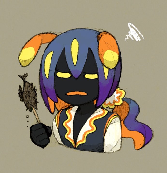 1boy antennae black_skin blue_hair blue_vest brown_background burnt_food colored_inner_hair colored_skin food frown holding holding_food maniani multicolored_hair orange_hair orange_trim original personification ponytail sea_slug shirt squiggle vest white_shirt yellow_eyes yellow_trim