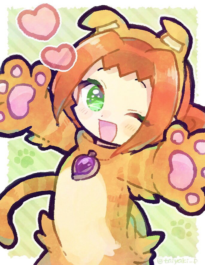 1girl ally_(puyopuyo) animal_costume blush border brooch cat_costume doradorakingyo eyelashes green_background green_eyes heart jewelry looking_at_viewer open_mouth orange_hair outstretched_arms paw_print pawpads puyopuyo puyopuyo_chronicle puyopuyo_quest short_hair solo spread_arms white_border