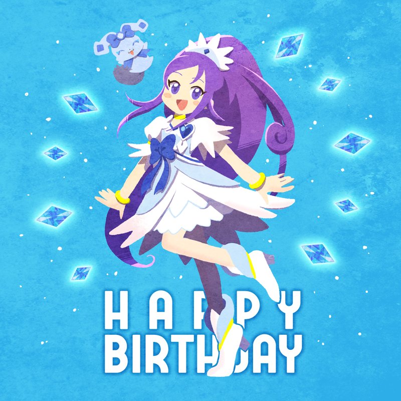 1girl boots bow bracelet brooch commentary_request cure_diamond diamond_(shape) dokidoki!_precure english_text happy_birthday heart heart_brooch high_ponytail hishikawa_rikka hoppetoonaka3 jewelry magical_girl open_mouth ponytail precure purple_hair rakeru_(dokidoki!_precure) simple_background smile waist_bow wide_ponytail