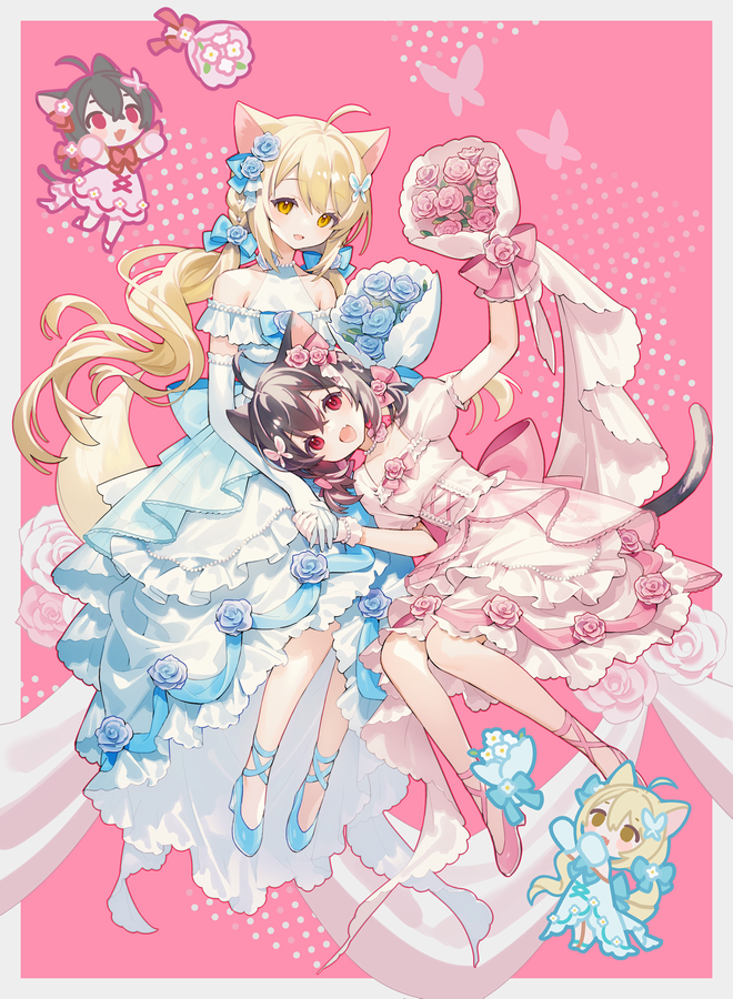 2girls ahoge animal_ears bare_shoulders black_hair blonde_hair blue_bow blue_dress blue_footwear borrowed_character bouquet bow braid breasts bug butterfly cat_ears cat_tail character_request chibi commentary commission crossed_bangs dress dress_flower elbow_gloves fang floating flower gloves hair_between_eyes hair_bow hair_flower hair_ornament high_heels holding holding_bouquet holding_hands lap_pillow layered_dress long_dress long_hair looking_at_viewer medium_breasts medium_dress multiple_girls neck_flower open_mouth original outline patterned_background pink_background pink_dress puffy_short_sleeves puffy_sleeves red_bow red_eyes red_footwear rose shoes short_hair short_sleeves simple_background sitting skeb_commission small_breasts strapless strapless_dress tail two_side_up wedding_dress white_gloves white_outline yamiko yellow_eyes