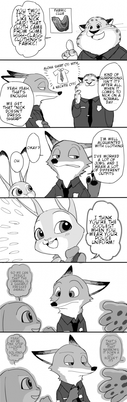 anthro benjamin_clawhauser blush canid canine clothing dialogue disney ears_up felid female fox group hard_translated hi_res judy_hopps lagomorph leopard leporid male mammal meno nick_wilde pantherine police_uniform rabbit text translated trio uniform zootopia