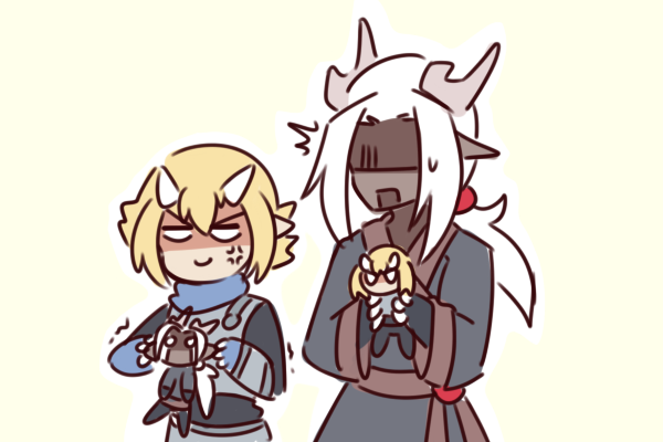 angry blonde_hair clawed_hands doll duo hair horn horned_humanoid humanoid humanoid_pointy_ears male monster_girl_(genre) shriekingmagpie simple_background white_hair