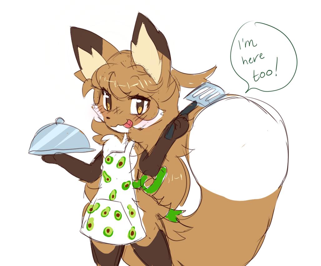anthro apron averi_(fiddleafox) avocado brown_body brown_eyes brown_fur canid canine clothing dipstick_tail english_text female female_anthro fiddleafox food fox fruit fur gloves_(marking) hair holding_object leg_markings looking_at_viewer mammal markings plant platter simple_background socks_(marking) solo spatula standing tail tail_markings text tools white_body white_fur