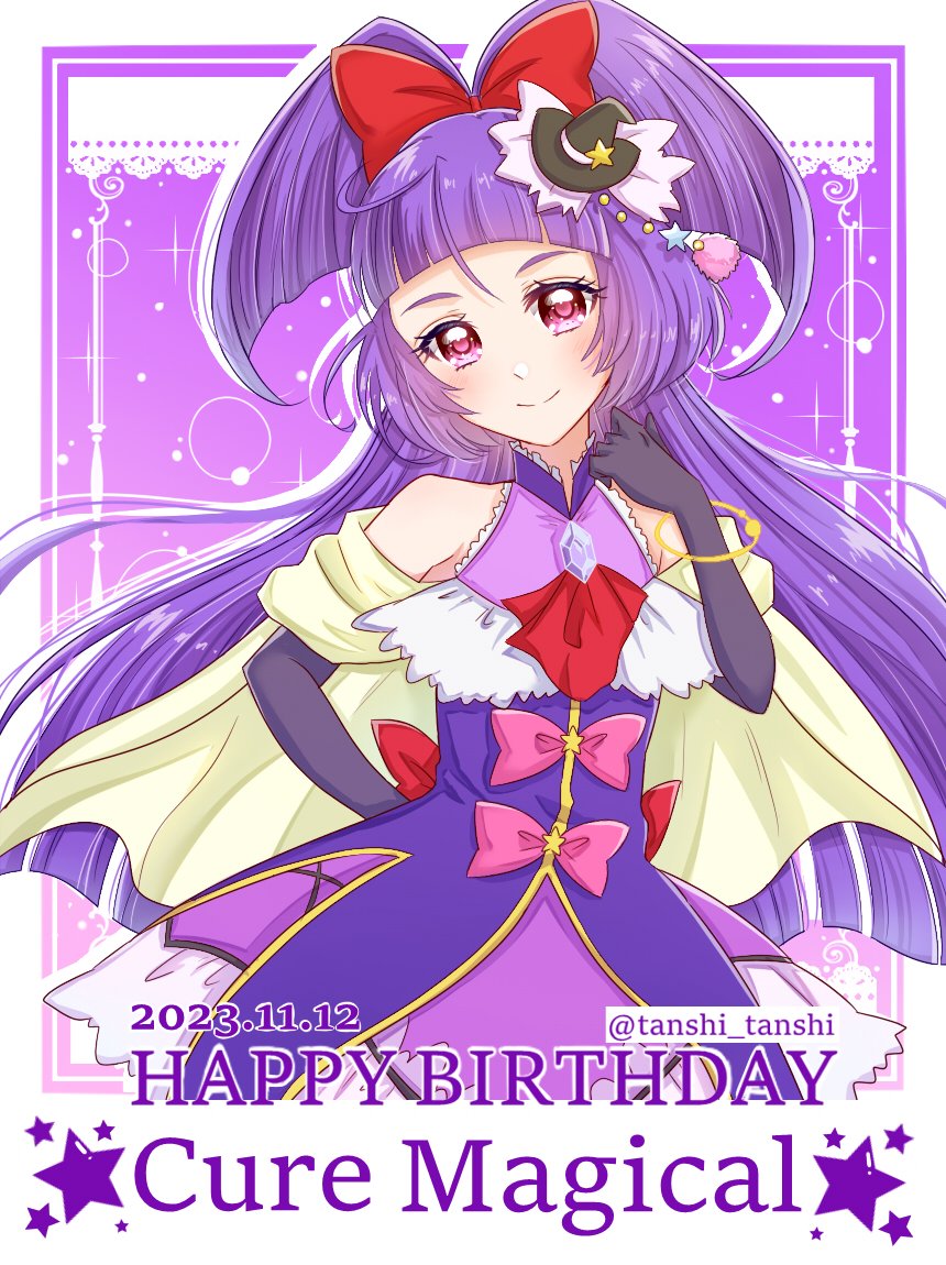 1girl black_gloves black_headwear bow capelet character_name cure_magical dated dress earrings elbow_gloves gloves hat izayoi_liko jewelry long_hair looking_at_viewer magical_girl mahou_girls_precure! mini_hat mini_witch_hat precure purple_background purple_dress purple_eyes purple_hair red_bow solo tanshi_tanshi twitter_username upper_body white_background witch_hat