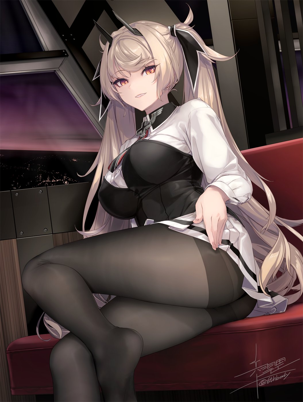 1girl ash_arms black_pantyhose black_ribbon blonde_hair breasts cityscape commentary_request cross dusk fw190_(ash_arms) gradient_eyes hair_ribbon highres indoors iron_cross large_breasts legs long_hair long_sleeves looking_at_viewer miniskirt multicolored_eyes no_shoes pantyhose parted_lips pleated_skirt ribbon rokuwata_tomoe shirt sitting skirt smile solo thighband_pantyhose twintails white_shirt white_skirt