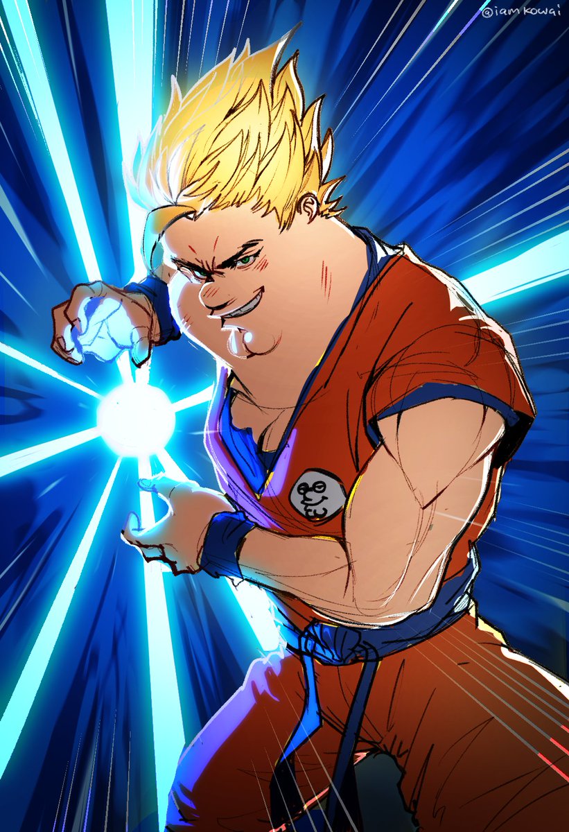 1boy belt blonde_hair blue_belt blue_eyes cleft_chin cosplay dragon_ball dragon_ball_z english_commentary family_guy grin highres jumpsuit kamehameha_(dragon_ball) kowai_(iamkowai) looking_at_viewer martial_arts_belt muscular muscular_male orange_jumpsuit peter_griffin smile solo son_goku son_goku_(cosplay) super_saiyan teeth wristband