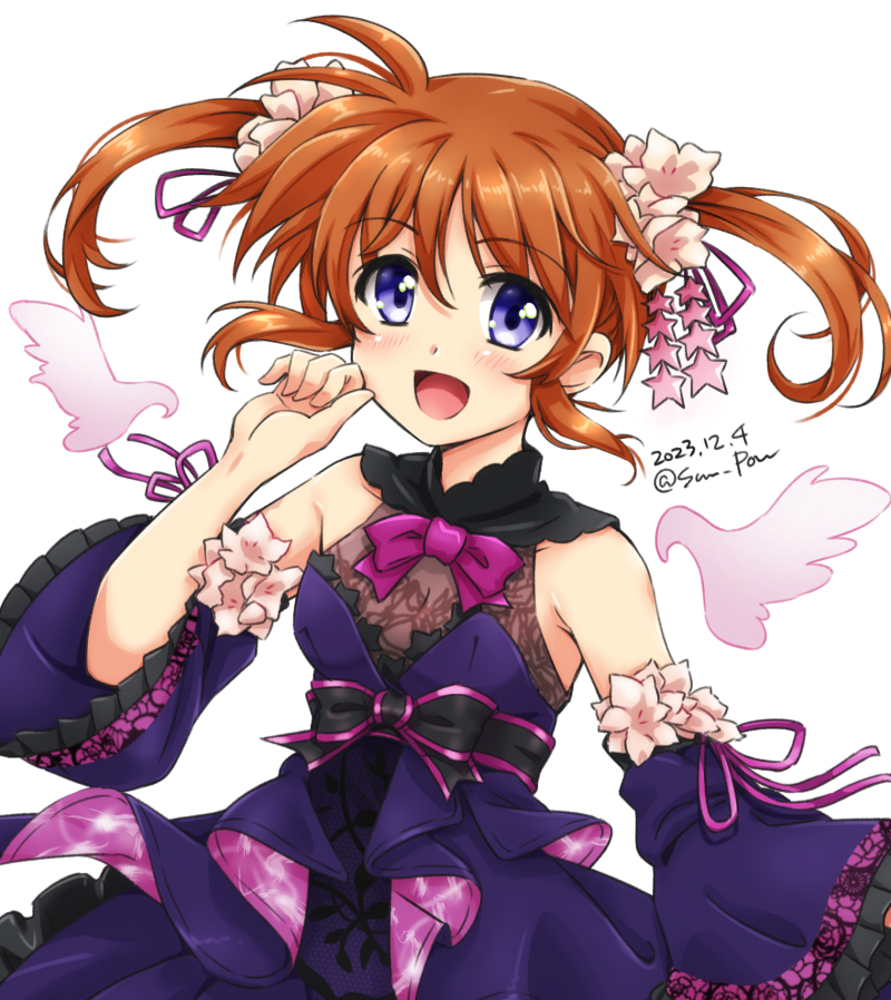 1girl artist_name bare_shoulders blue_eyes blush breasts brown_hair commentary_request dated looking_at_viewer lyrical_nanoha mahou_shoujo_lyrical_nanoha mahou_shoujo_lyrical_nanoha_a's open_mouth san-pon short_hair signature simple_background small_breasts smile solo takamachi_nanoha twintails upper_body white_background