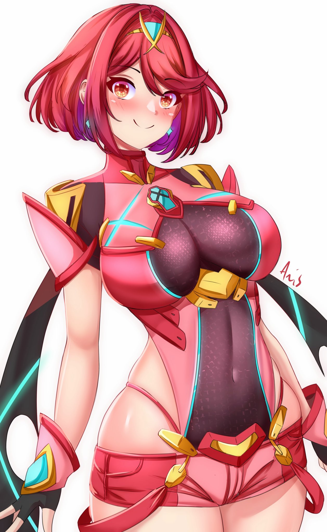 1girl anisdrawn armor artist_name black_gloves bob_cut breasts chest_jewel core_crystal_(xenoblade) covered_navel drop_earrings earrings english_commentary fingerless_gloves gloves highleg highleg_panties highres jewelry large_breasts looking_at_viewer micro_shorts panties panty_peek pyra_(xenoblade) red_armor red_eyes red_hair red_panties red_shorts short_hair shorts shoulder_armor smile solo swept_bangs tiara underwear white_background xenoblade_chronicles_(series) xenoblade_chronicles_2