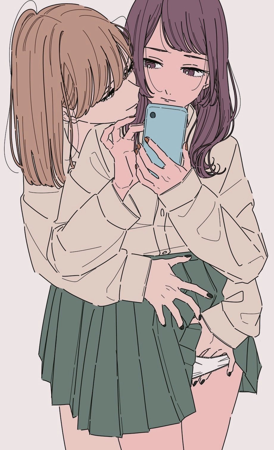 2girls black_nails brown_hair brown_nails brown_shirt cellphone closed_mouth collared_shirt commentary dress_shirt eye_contact green_skirt grey_background groping hand_in_another's_panties highres holding holding_phone hug hug_from_behind kamatama_rom long_hair long_sleeves looking_at_another multiple_girls nail_polish original panties phone pleated_skirt purple_eyes purple_hair school_uniform shirt simple_background skirt smartphone swept_bangs underwear white_panties yuri