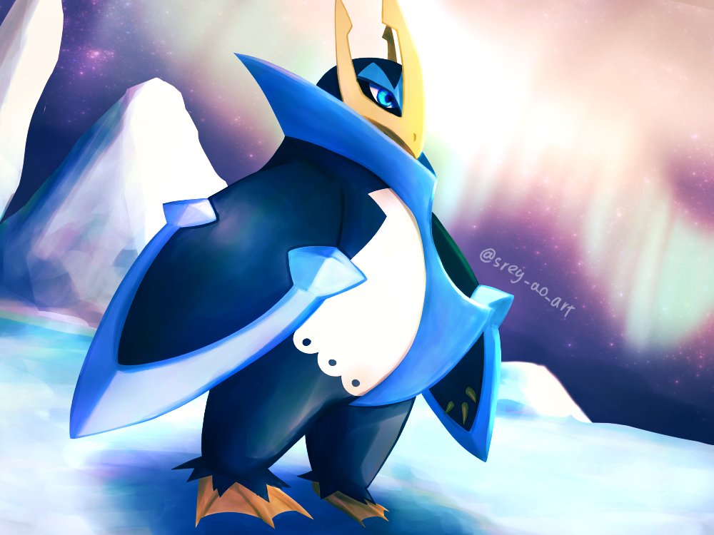 animal_focus artist_name aurora bird blue_eyes commentary_request empoleon fins no_humans on_ice penguin pokemon pokemon_(creature) solo sreg_ao_art webbed_feet