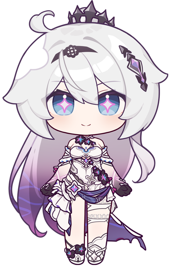 1girl ahoge bare_shoulders breasts chibi closed_mouth crown eta full_body high_ponytail honkai_(series) honkai_impact_3rd kiana_kaslana kiana_kaslana_(herrscher_of_finality) official_art small_breasts solo standing star-shaped_pupils star_(symbol) symbol-shaped_pupils third-party_source transparent_background white_hair