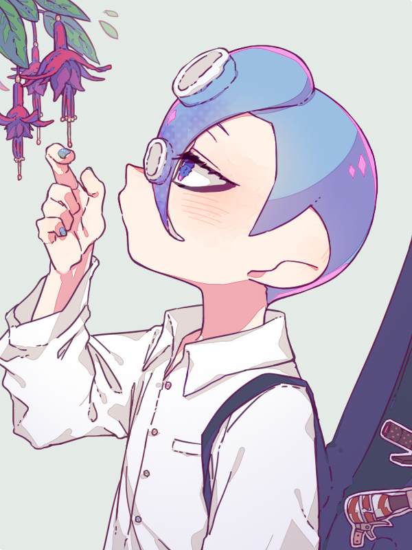 .96_gal_(splatoon) 1boy blue_eyes blue_hair blue_nails collar collared_shirt commentary eyelashes inuowour leaf mohawk octoling octoling_boy plant shirt short_hair solo splatoon_(series) splatoon_3 squeezer_(splatoon) sticker symbol-only_commentary tentacle_hair upper_body white_background white_collar