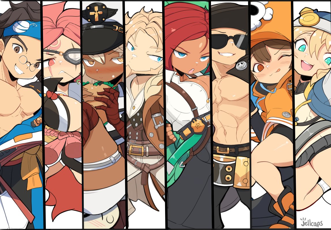 4boys 4girls anchor androgyne_symbol baiken bandaged_arm bandages beard big_hair bike_shorts black_headwear black_jacket black_kimono blonde_hair blue_eyes blue_headband blush breasts bridget_(guilty_gear) brown_coat brown_eyes brown_gloves brown_hair cabbie_hat cleavage coat cowboy_hat cuffs dark-skinned_female dark_skin facial_hair facial_tattoo fingerless_gloves fur-trimmed_coat fur_trim giovanna_(guilty_gear) gloves guilty_gear guilty_gear_strive habit hair_between_eyes handcuffs hat hat_ornament headband high-waist_pants holding holding_anchor hood hood_up hooded_jacket hoodie jacket jacket_on_shoulders japanese_clothes jellcaps johnny_(guilty_gear) kimono large_belt large_breasts leo_whitefang long_hair long_sleeves looking_at_viewer manly mature_male may_(guilty_gear) medium_hair mito_anji multicolored_clothes multicolored_kimono multiple_boys multiple_girls muscular muscular_male one-eyed open_clothes open_hoodie open_kimono open_mouth orange_eyes orange_footwear orange_headwear orange_hoodie otoko_no_ko pants partially_unbuttoned pince-nez pink_hair ramlethal_valentine red_bandage red_eyes red_hair samurai scar scar_across_eye shirt short_hair short_shorts shorts skull_and_crossbones skull_hat_ornament smile sunglasses suspenders_hanging tattoo thigh_strap white_kimono white_shirt white_shorts