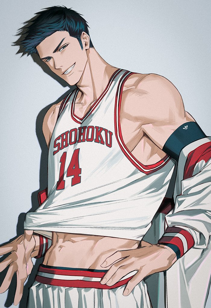14ho_sd 1boy abs basketball_jersey basketball_uniform black_eyes black_hair clothes_lift clothes_pull cowboy_shot drop_shadow grey_background hand_on_own_hip jacket jacket_partially_removed lifted_by_self looking_at_viewer male_focus midriff_peek mitsui_hisashi navel pectoral_cleavage pectorals pulled_by_self scar scar_on_chin scar_on_face shirt_lift shirt_pull short_hair shorts simple_background slam_dunk_(series) smile solo sportswear tank_top toned toned_male white_jacket white_shorts white_tank_top