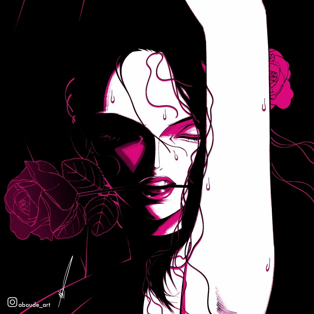 1girl aboude_art arm_up artist_name closed_eyes commentary english_commentary flamenco flamenco_dress flower flower_in_mouth hair_flower hair_ornament instagram_logo instagram_username limited_palette long_hair mouth_hold one_piece open_mouth rose signature solo sweat teeth viola_(one_piece)