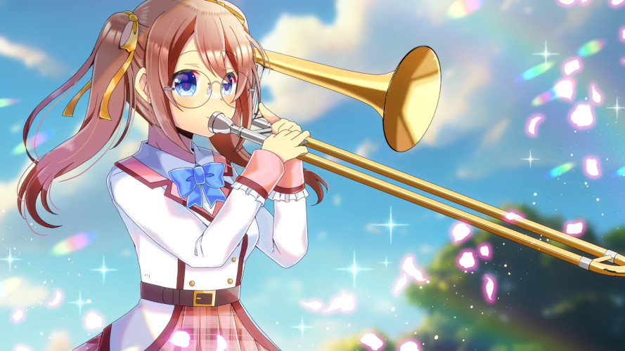 1girl blue_bow blue_eyes blue_sky blurry blurry_background blush bow breasts brown_hair cloud collared_shirt commentary_request commission day depth_of_field glasses holding holding_instrument instrument jacket kou_hiyoyo long_hair multicolored_hair music original outdoors pink_skirt plaid plaid_skirt playing_instrument pleated_skirt round_eyewear shirt skeb_commission skirt sky small_breasts solo streaked_hair trombone twintails two-tone_hair white_jacket white_shirt