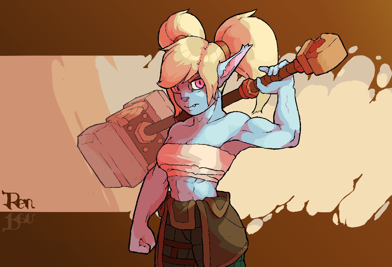 blonde_hair blue_body blue_skin clothed clothing female hair hammer humanoid humanoid_pointy_ears league_of_legends looking_at_viewer melee_weapon pink_eyes poppy_(lol) riot_games ruttinren simple_background solo tools weapon yordle