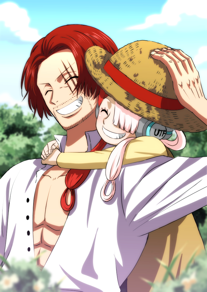 1boy 1girl clenched_teeth closed_eyes commentary_request facial_hair father_and_daughter hair_over_one_eye hair_rings hand_on_headwear hat headphones hug hug_from_behind long_hair long_sleeves multicolored_hair musasabiop one_eye_covered one_piece one_piece_film:_red outdoors red_hair scar scar_across_eye scar_on_face shanks_(one_piece) shirt short_hair smile split-color_hair straw_hat teeth two-tone_hair uta_(one_piece) white_hair white_shirt