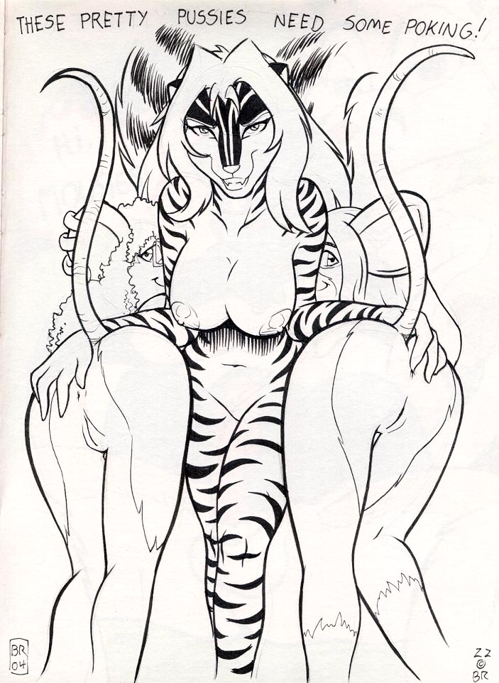 anthro anus bent_over breasts ear_piercing ear_ring felid female female/female fingering genitals grin group hand_on_butt hybrid mammal max_blackrabbit mephitid mouse mousey_love_girls murid murine navel nipples pantherine piercing pussy ring_piercing rodent skunk smile striped_body stripes tiger trio zig_zag