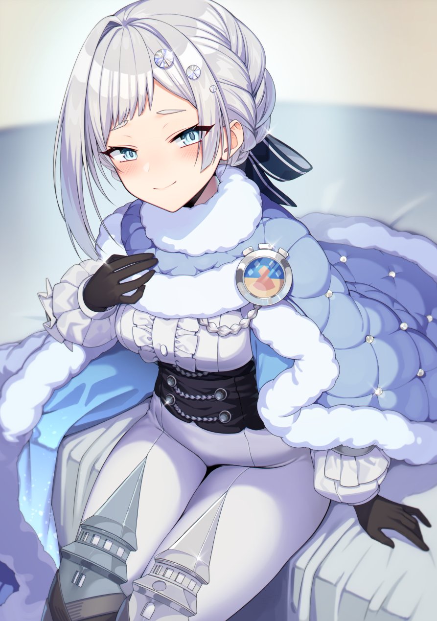 1girl akershus_fortress_(oshiro_project) badge bed bed_sheet black_gloves blue_cape blue_cloak blue_eyes bodysuit braid breasts cape center_frills cloak closed_mouth corset fluff frills fur-trimmed_cape fur-trimmed_cloak fur_trim gloves grey_hair hair_ornament highres kinsenka_momi long_sleeves looking_at_viewer on_bed oshiro_project oshiro_project_re padded_cloak puffy_long_sleeves puffy_sleeves short_hair sitting smile solo thighs tight_clothes white_bodysuit