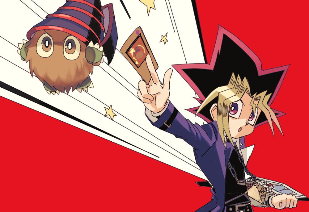 black_hair blonde_hair brown_eyes card dark_magician duel_disk duel_monster floating hat holding holding_card jacket kuriboh male_focus millennium_puzzle multicolored_hair mutou_yuugi open_clothes open_jacket purple_eyes purple_hair shi_(shooo_ttt) yu-gi-oh! yu-gi-oh!_duel_monsters