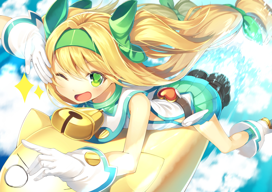 1girl :d arm_up bell belt blazblue blonde_hair blurry blurry_background boots bow clip_studio_paint_(medium) cloud commentary cowbell dot_nose flying gloves green_bow green_eyes green_hairband green_skirt green_socks gurasion_(gurasion) hair_between_eyes hair_bow hairband heart heart-shaped_pupils light_blush long_hair looking_at_viewer low-tied_long_hair low_wings miniskirt missile o_o one_eye_closed open_mouth platinum_the_trinity pleated_skirt quad_tails riding salute shirt skirt smile socks solo sparkle straddling symbol-shaped_pupils v-shaped_eyebrows very_long_hair white_footwear white_gloves white_shirt wings