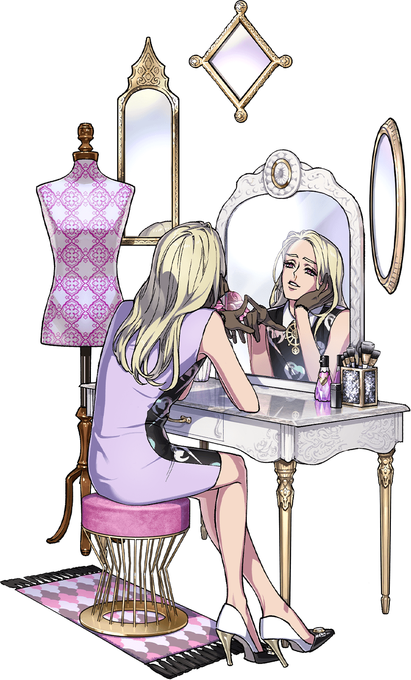 1boy bottle charisma_house cosmetics dress girly_boy gloves high_heels highres long_hair looking_at_mirror makeup_brush male_focus mannequin mirror mojisan_(ebimo) narcissism perfume_bottle pointing reflection rug smile stool terra_(charisma_house)